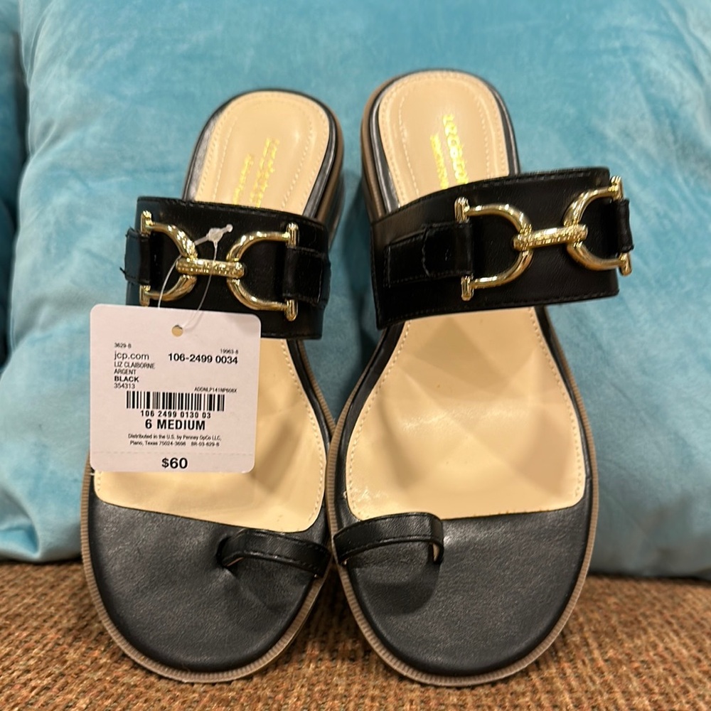 Liz Claiborne Black Sandals with Gold Hardware